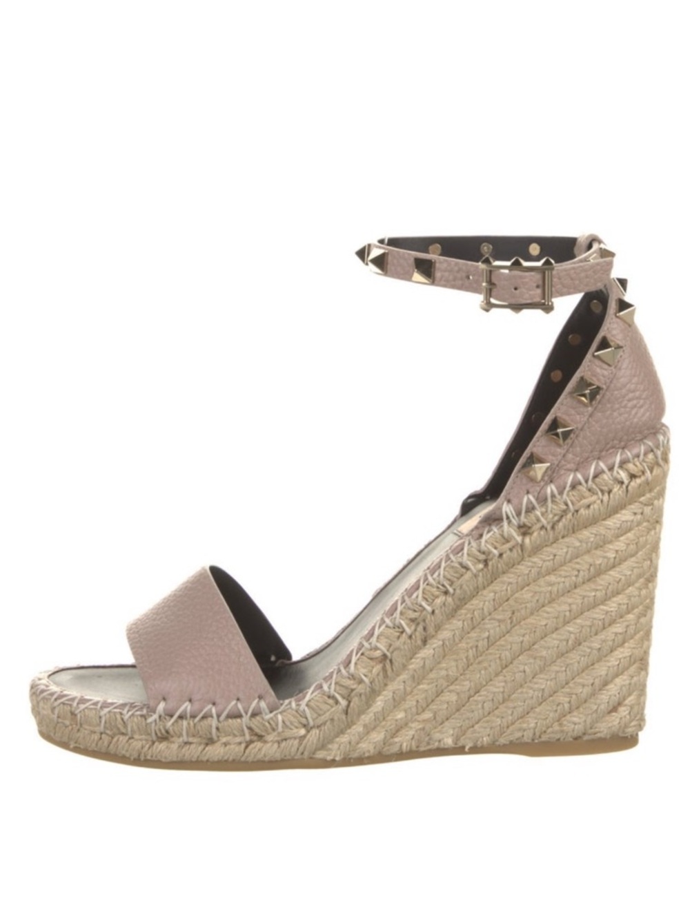 Valentino Blush Pink Leather Studded Ankle-Strap Espadrille Wedge